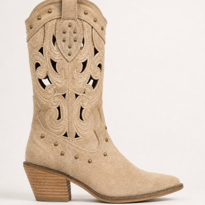 Bottes Santiags en Daim Beige à Motifs Ajourés et Clous