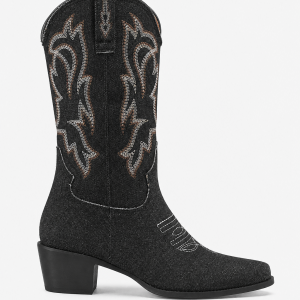 Bottes Santiags en Denim Noir à Broderies Western
