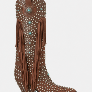 Bottes Santiags Cloutées Marron à Franges et Turquoise