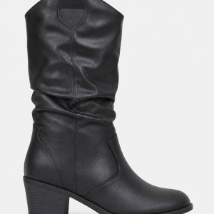 Bottes Western en Similicuir Noir Froncées