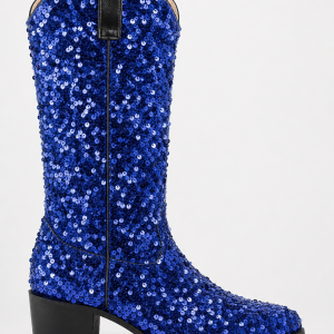 Bottes Santiags à Paillettes Bleu Royal à Talon de 5 cm
