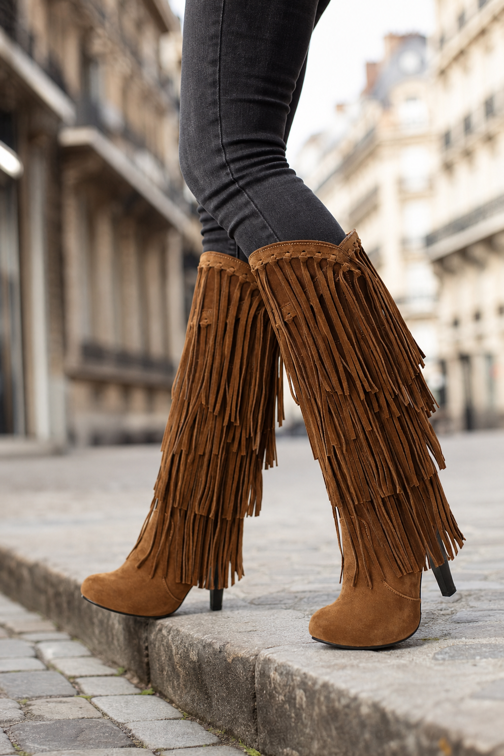 Bottes Cavalières en Effet Daim Marron à Franges – Image 3