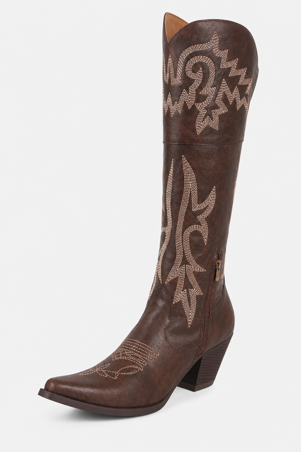 Bottes Santiags Hautes en Similicuir Marron Brodées – Image 5