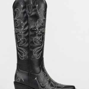 Bottes Santiags Noires à Broderies Blanches et Clous