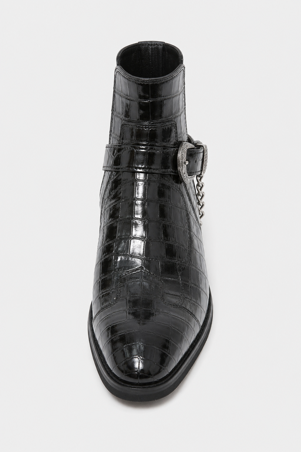Bottines Noires Effet Croco Verni à Boucle Western et Chaîne – Image 4