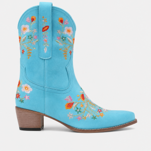 Bottes Santiags en Suédine Bleu Turquoise à Broderies Florales