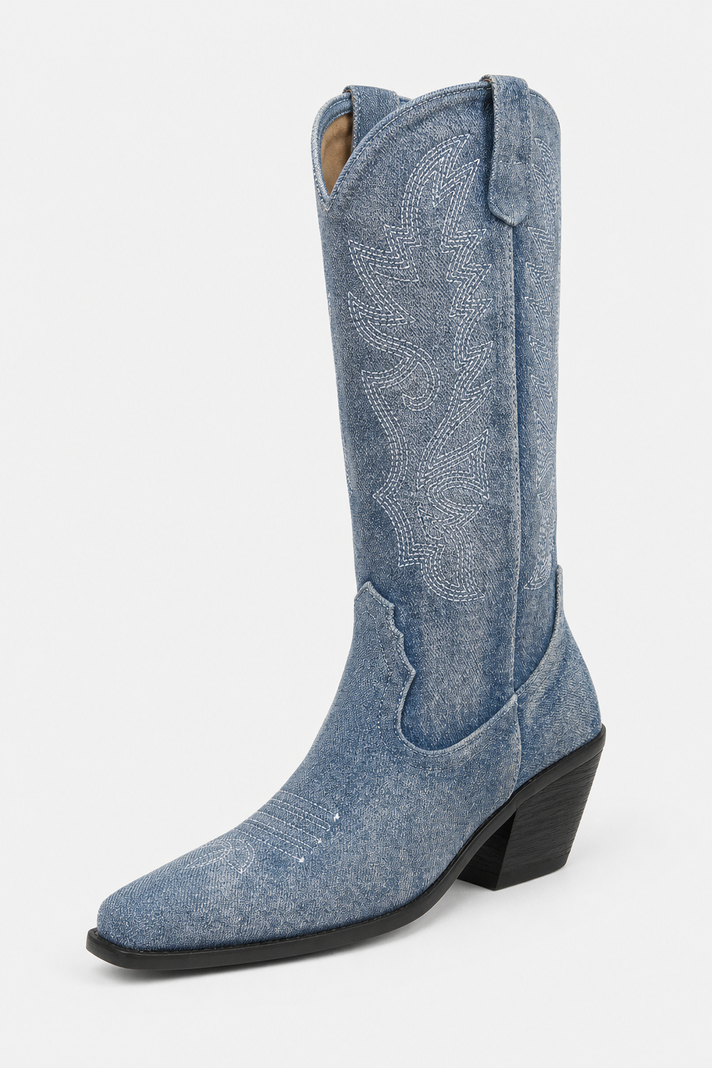 Bottes Santiags en Denim Bleu Délavé Brodées à Talon de 5 cm – Image 5