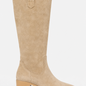 Bottes Santiags Hautes en Daim Beige à Bout Pointu