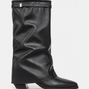 Bottes Plissées en Similicuir Noir à Bout Pointu