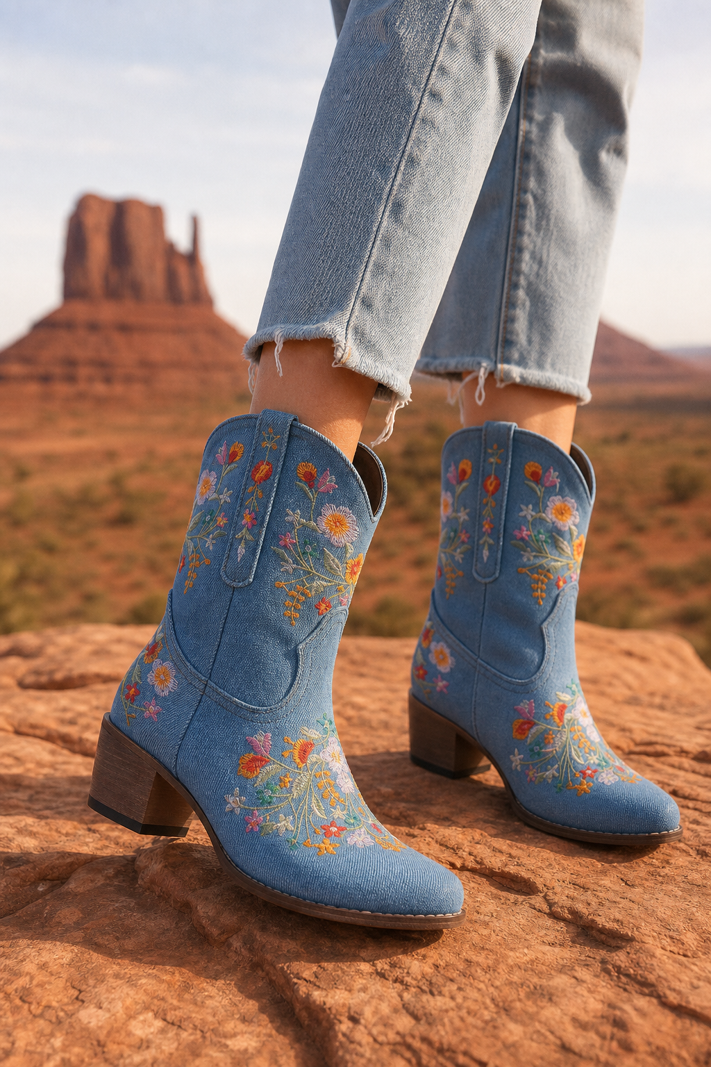 Bottes Santiags en Denim Bleu Clair à Motifs Floraux Brodés – Image 3