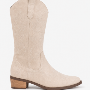 Bottes Montantes Santiags en Effet Daim Beige à Broderies