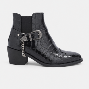 Bottines Noires Effet Croco Verni à Boucle Western et Chaîne