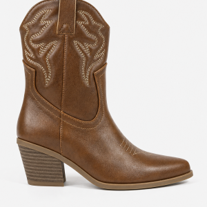 Bottes Santiags Cognac en Similicuir à Broderies