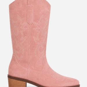 Bottes Santiags Rose Poudré en Effet Daim à Broderies Western