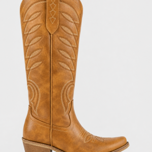 Bottes Santiags en Similicuir Camel à Motifs Brodés