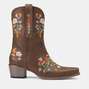 Bottes Santiags en Similicuir Marron à Broderies Florales