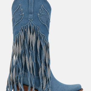 Bottes Santiags en Jean Bleu avec Motifs Ailés et Franges