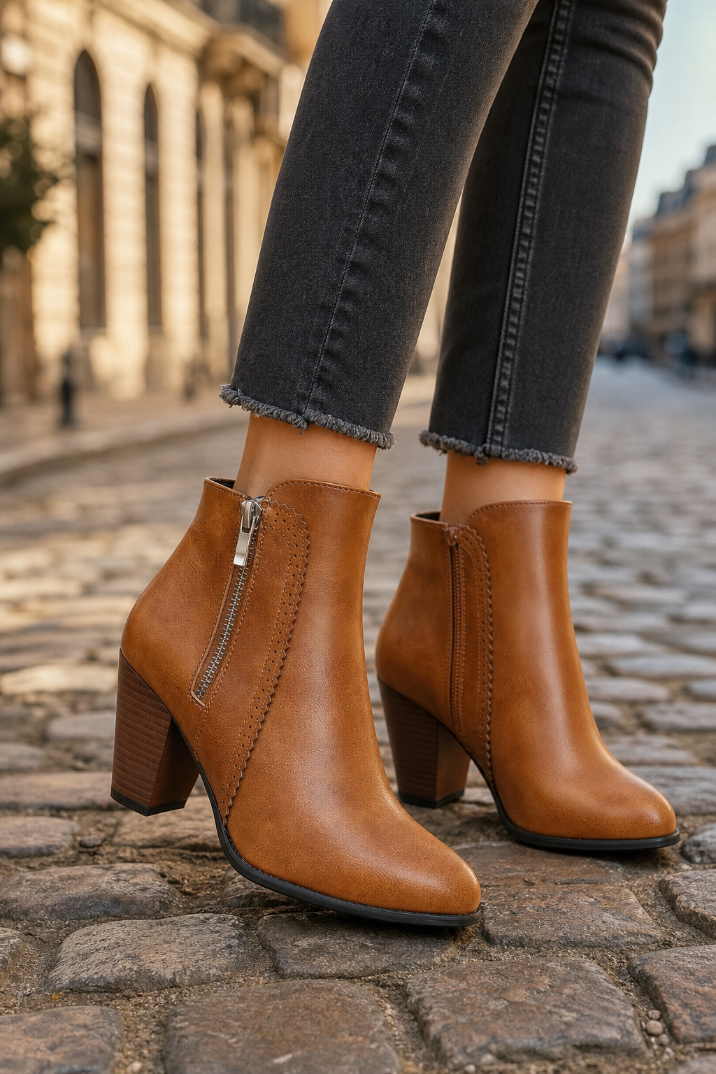 Bottines Camel à Talon Bloc avec Bordure Festonnée – Image 3