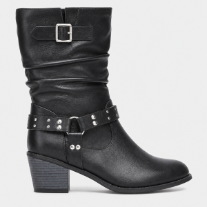 Bottes Noires Plissées à Brides Cloutées et Talon Bloc