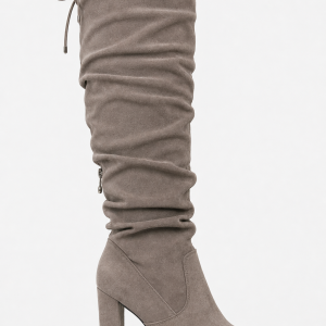 Bottes Cuissardes Froncées en Effet Daim Gris à Talon Bloc