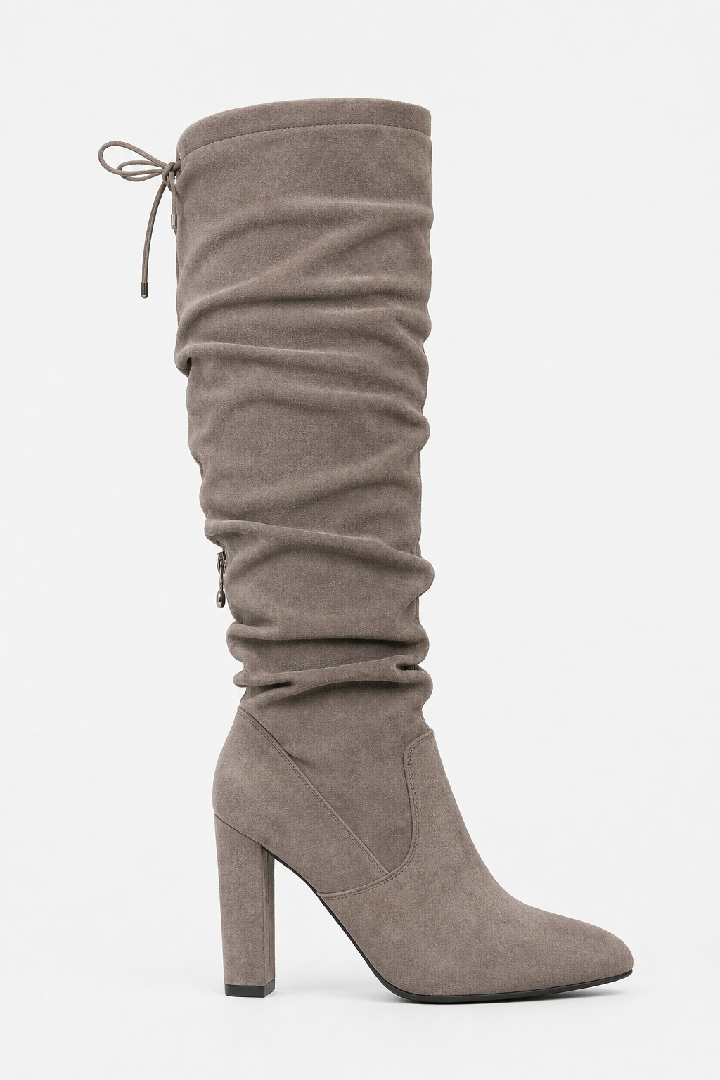 Bottes Cuissardes Froncées en Effet Daim Gris à Talon Bloc