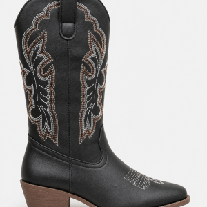 Bottes Santiags Mi-Mollet Noires à Broderies Blanches et Marron