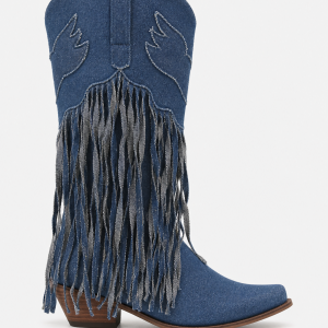 Bottes Country en Denim Bleu à Ailes Brodées et Franges