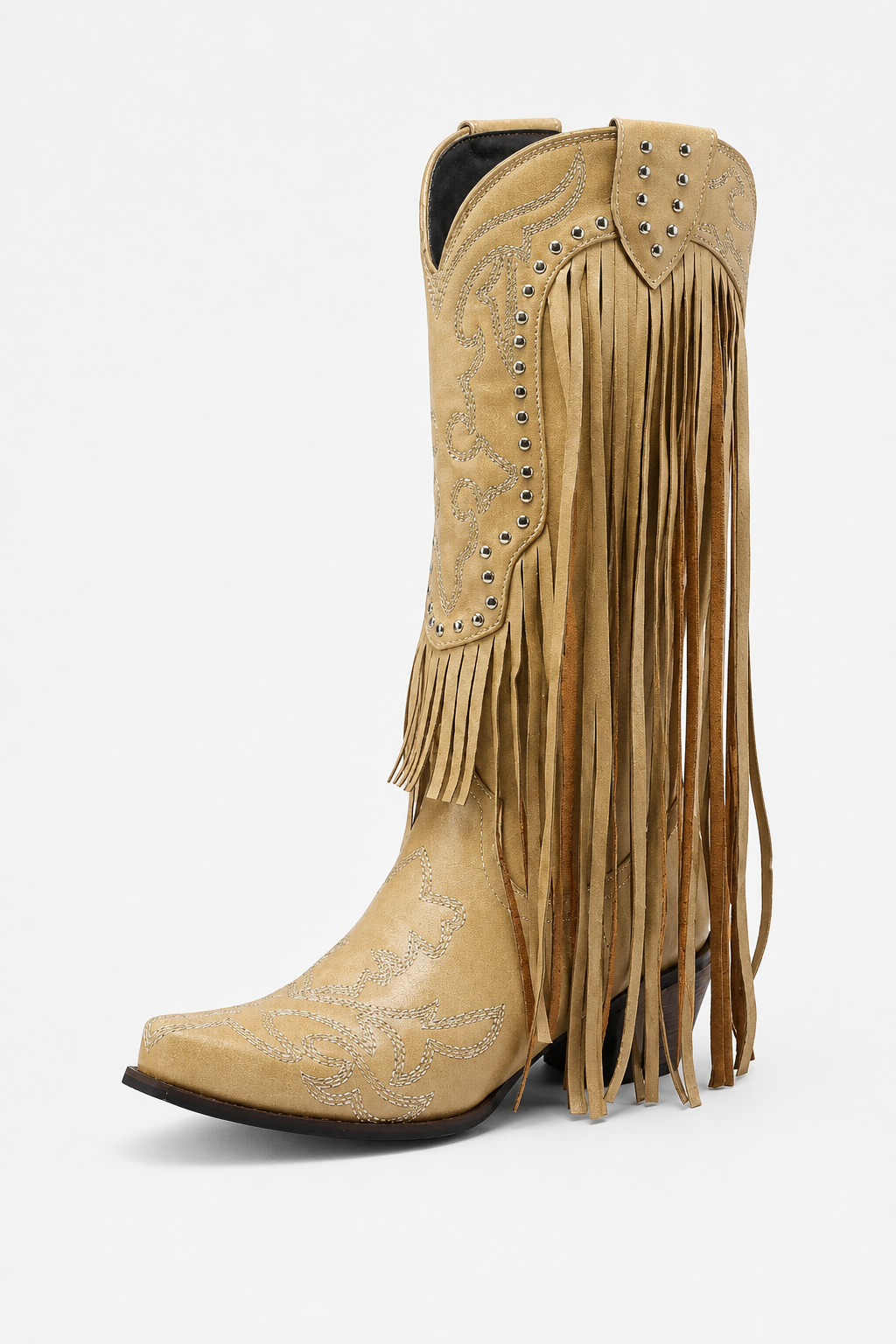 Bottes Santiags en Effet Daim Beige à Franges et Clous – Image 5