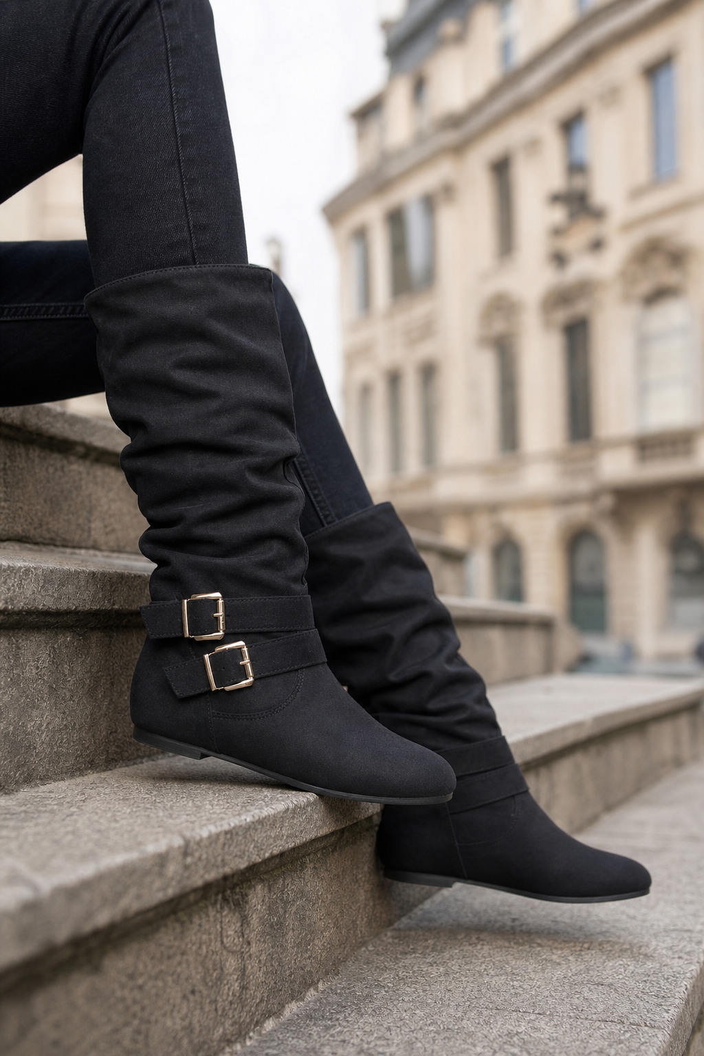 Bottes sans Talon en Effet Daim Noir Plissée à Boucles Dorées – Image 3