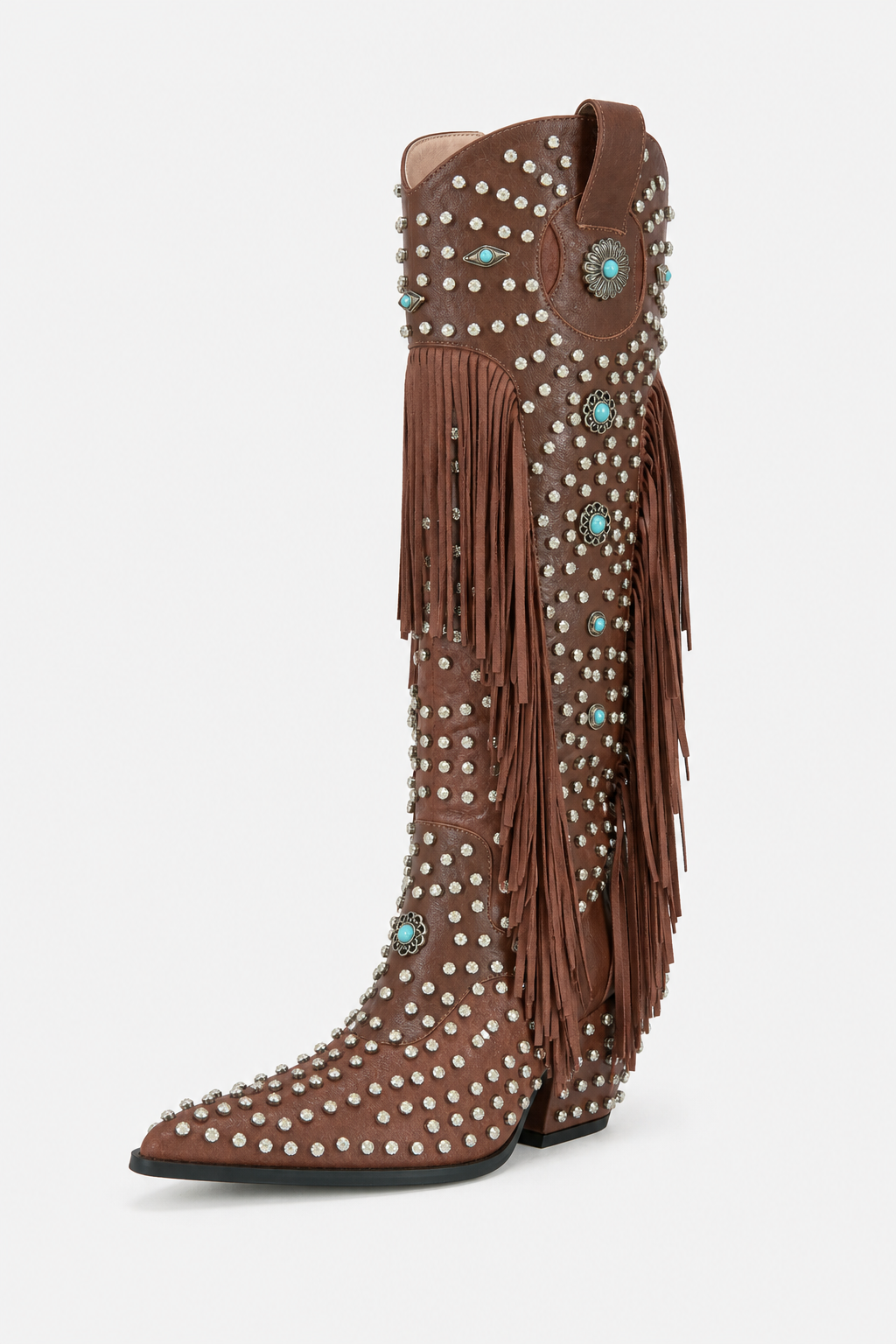 Bottes Santiags Cloutées Marron à Franges et Turquoise – Image 5