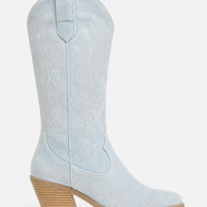 Bottes Santiags en Denim Bleu Clair Brodé à Talon 5cm