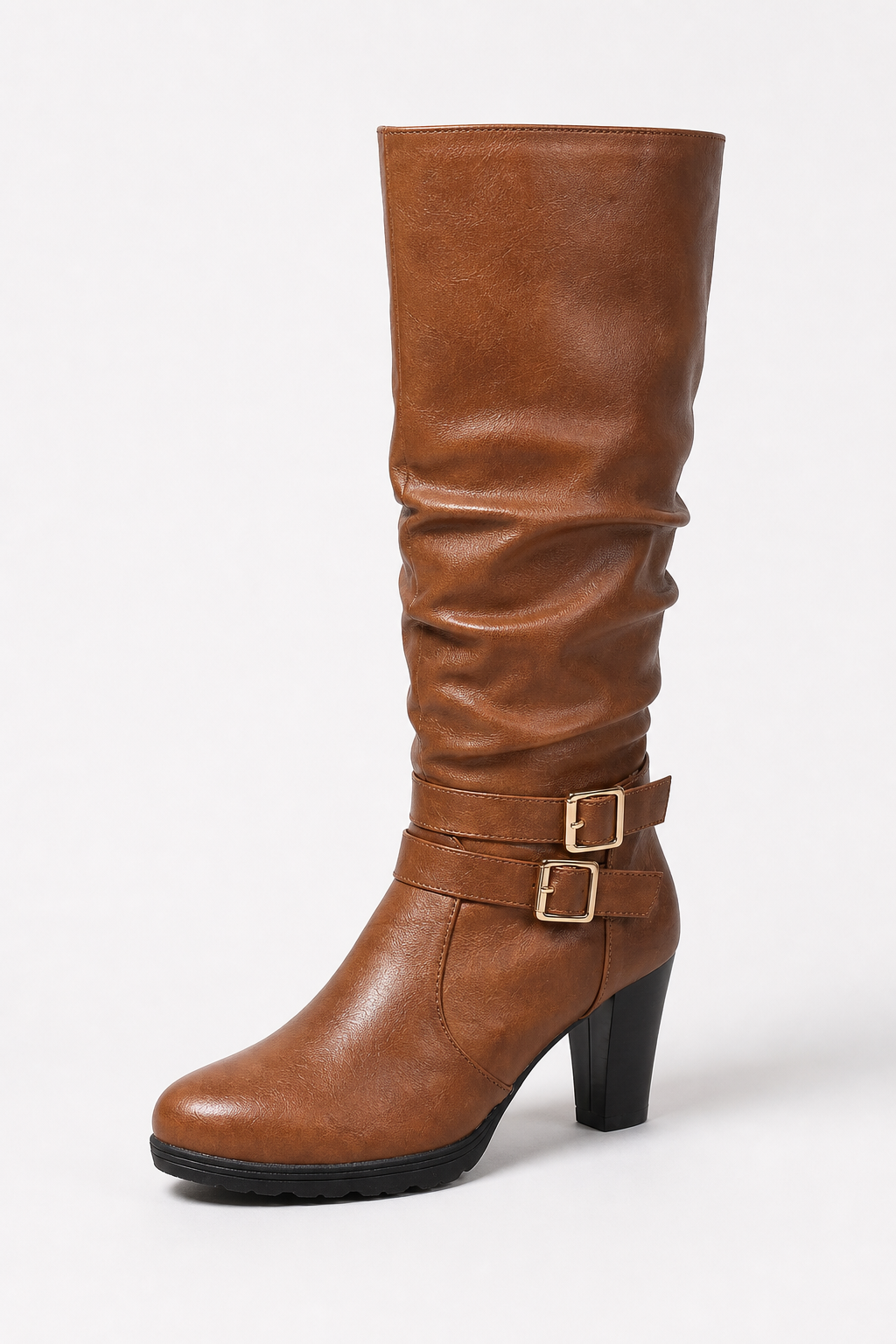 Bottes Mi-Mollet Marron Plissées avec Boucles – Image 5