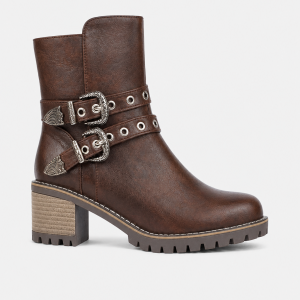 Bottines Biker en Similicuir Marron à Boucles Ornées