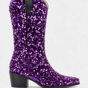 Bottes Santiags Mi-Mollet à Paillettes Violettes