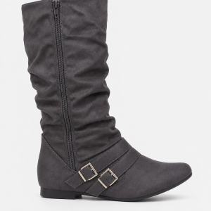Bottes Plates en Effet Daim Gris Anthracite Fronsées à Boucles