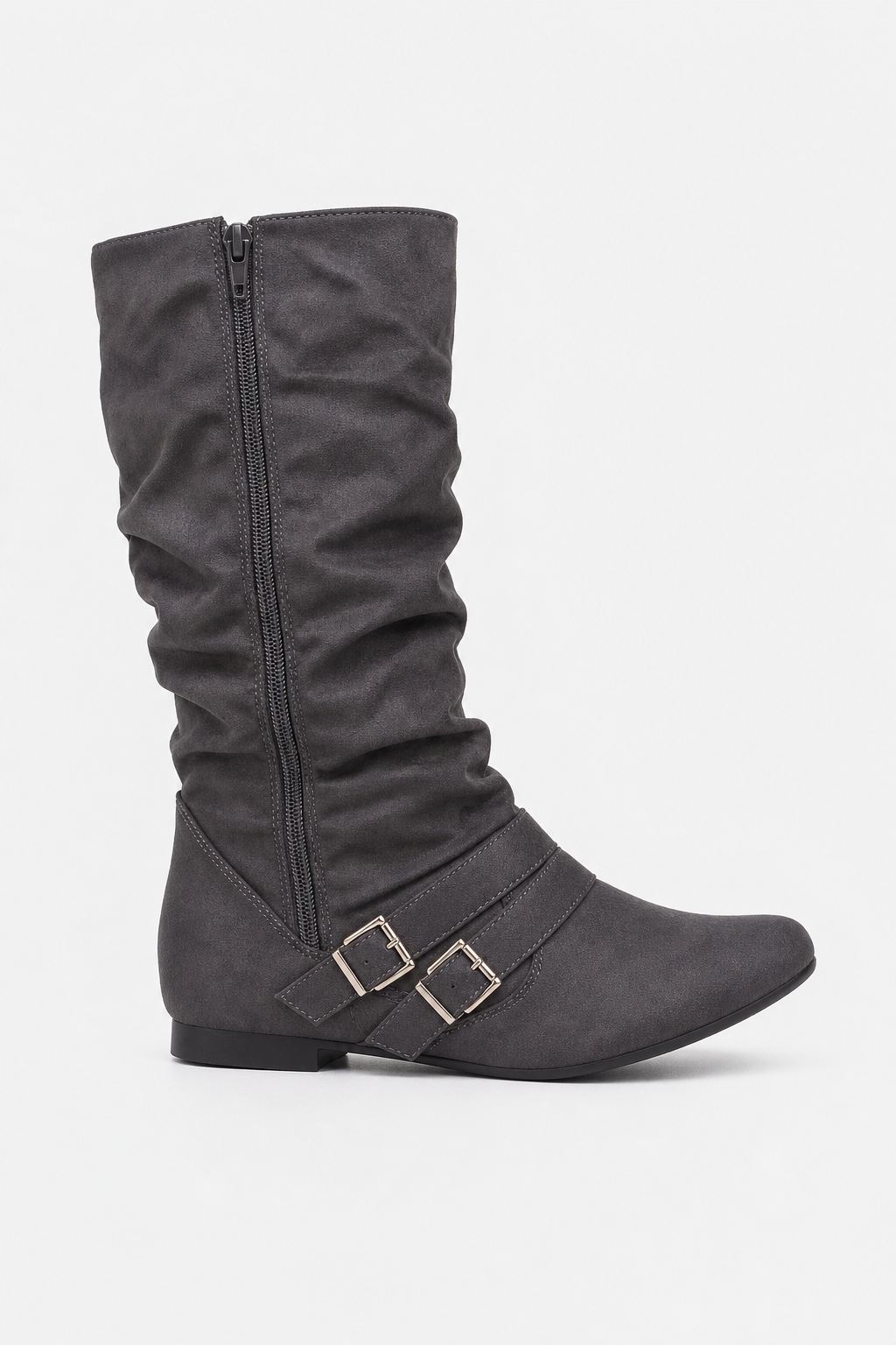 Bottes Plates en Effet Daim Gris Anthracite Fronsées à Boucles