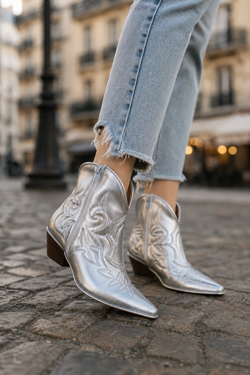Bottes Santiags Argentées Métallisées à Broderies – Image 3