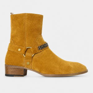Bottines en Daim Jaune Ocre avec Chaîne et Talon Bloc