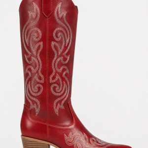Bottes Santiags en Similicuir Rouge Bordeaux Brodées