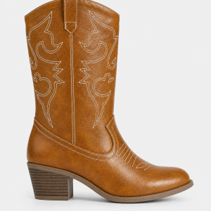 Bottes Santiags Camel à Motifs Brodés Blancs