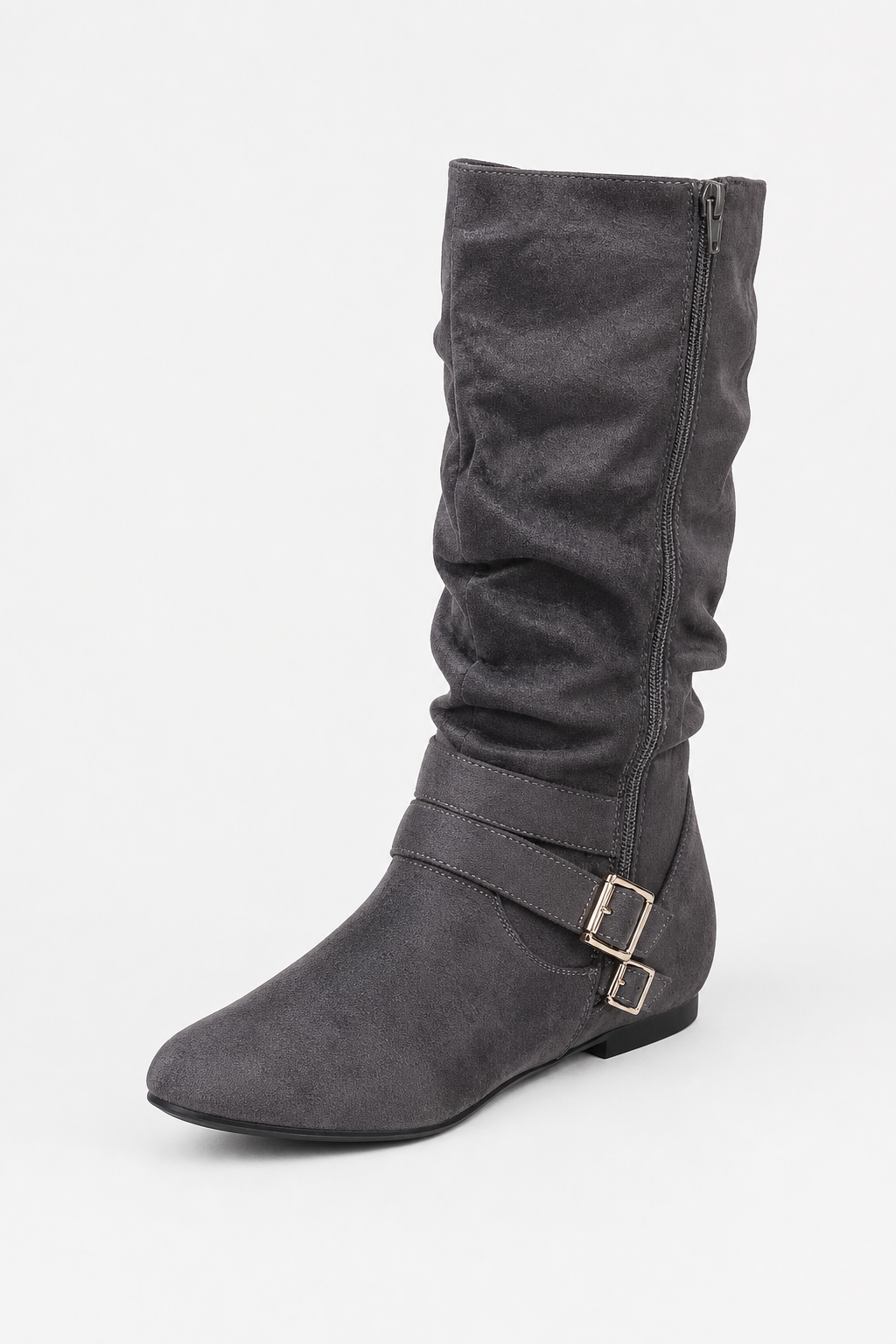 Bottes Plates en Effet Daim Gris Anthracite Fronsées à Boucles – Image 5