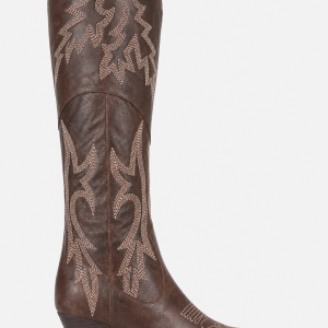 Bottes Santiags Hautes en Similicuir Marron Brodées