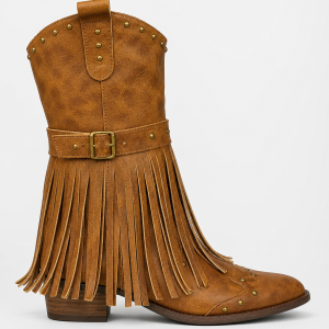 Bottes Santiags en Similicuir Brun à Franges et Clous