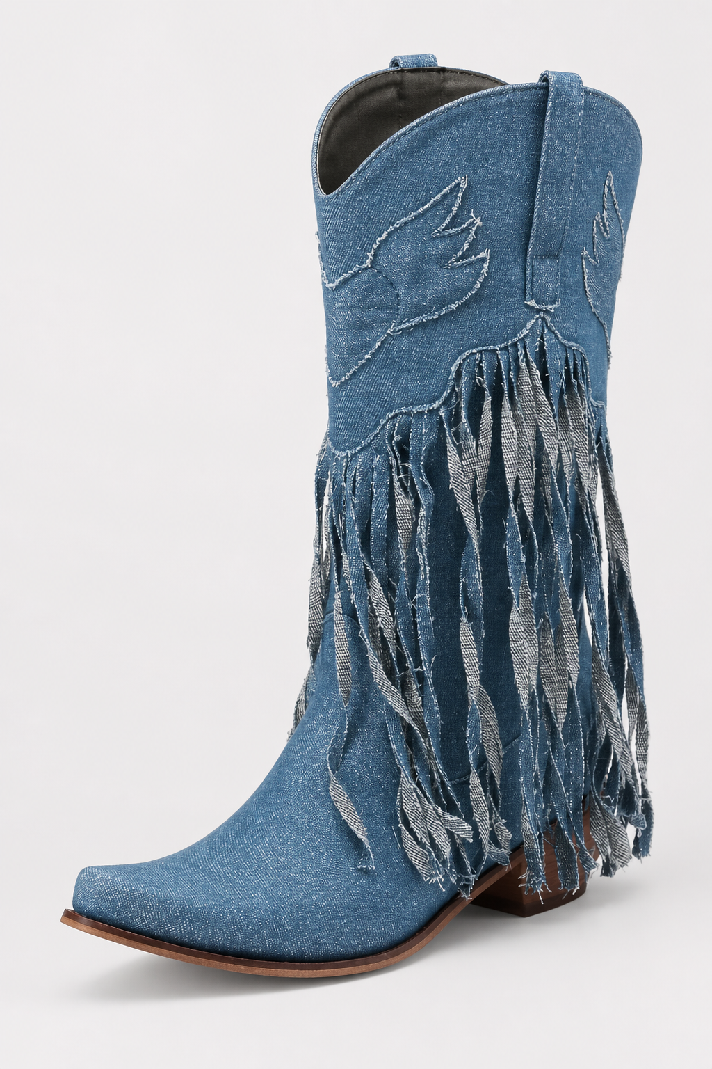 Bottes Santiags en Jean Bleu avec Motifs Ailés et Franges – Image 5
