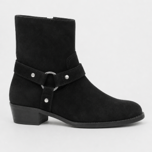 Bottines en Daim Noir à Bride Harnais et Anneau