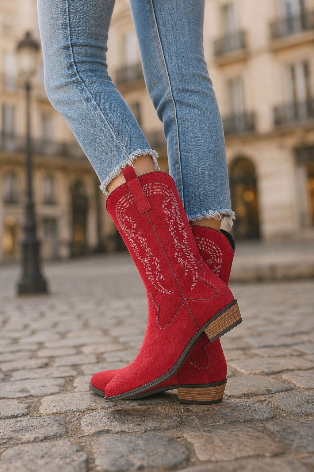 Bottes de Cowboy Mi-Hautes en Effet Daim Rouge à Broderies Western – Image 3