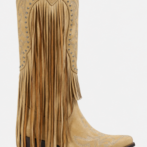 Bottes Santiags en Effet Daim Beige à Franges et Clous
