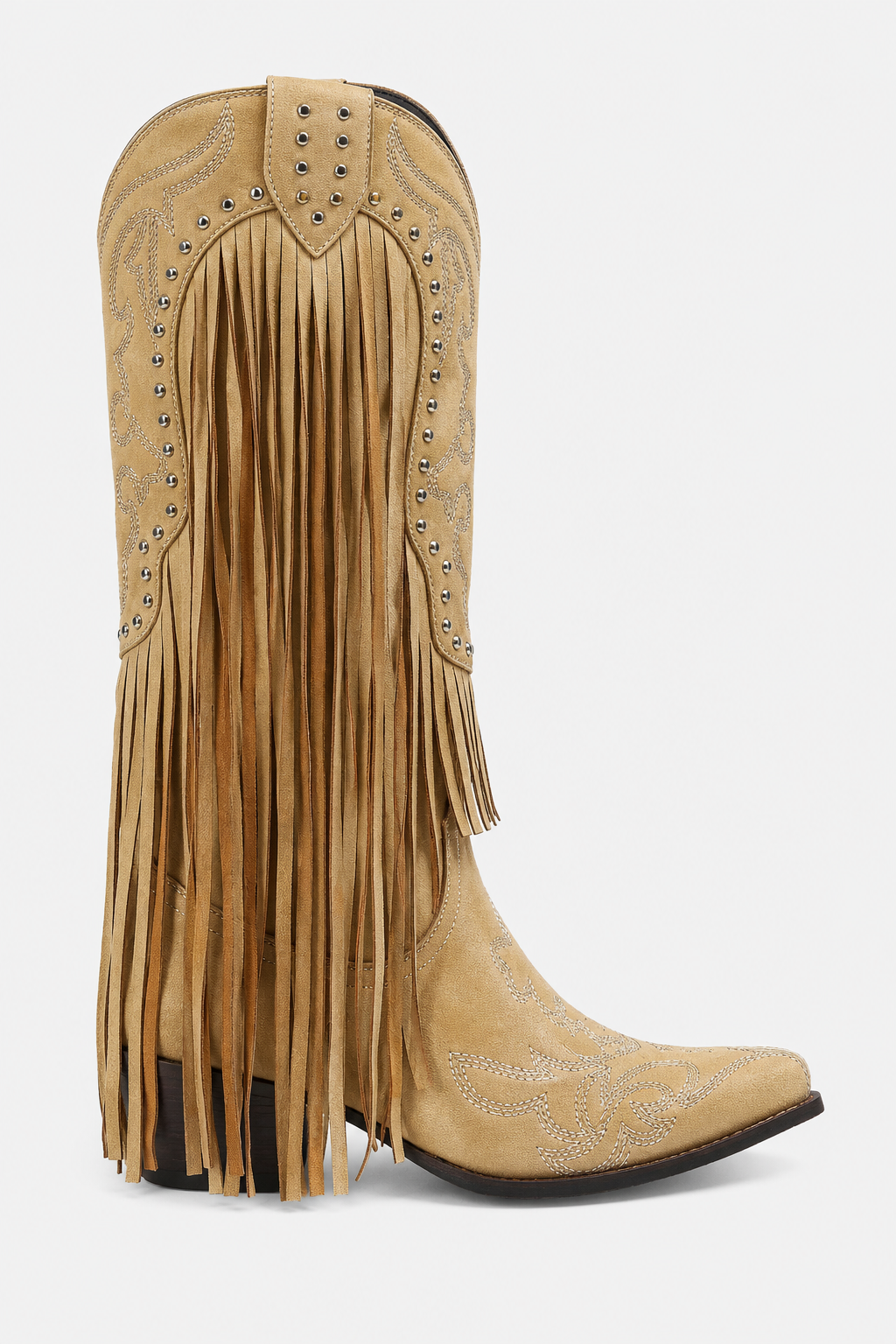 Bottes Santiags en Effet Daim Beige à Franges et Clous