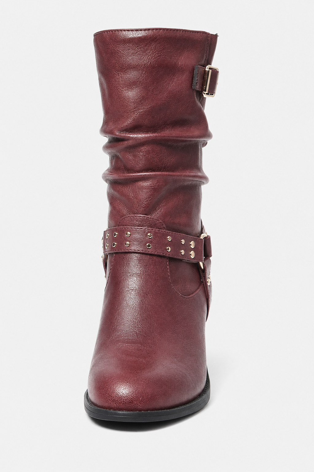 Bottes en Similicuir Bordeaux Plissées à Sangle Cloutée Mi-Mollet – Image 4