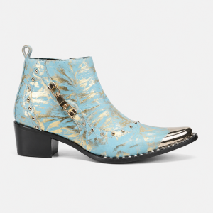 Bottines Homme Bleu Ciel Doré à Bout Métallique et Clous